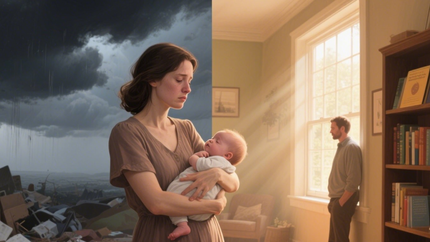 Illustrate a mother holding her baby in a warmly lit room, with one side of the background depicting emotional stress (dark clouds, clutter, sadness) and the other side representing support and recovery (a partner nearby, sunlight, a bookshelf with therapy resources). The mother looks tired but hopeful. Subtle details should reflect both vulnerability and resilience. Use a soft, empathetic art style